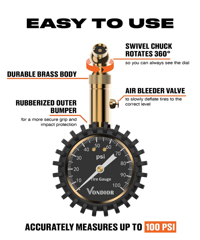 Vondior Tire Pressure Gauge (0-100 PSI) Heavy Duty  Certified ANSI Accurate with Large 2 Inch Easy to Read Glow Dial  Low - High Air Pressure Gauge. Tire Gauge for Car and Trucks Tires - Image 2